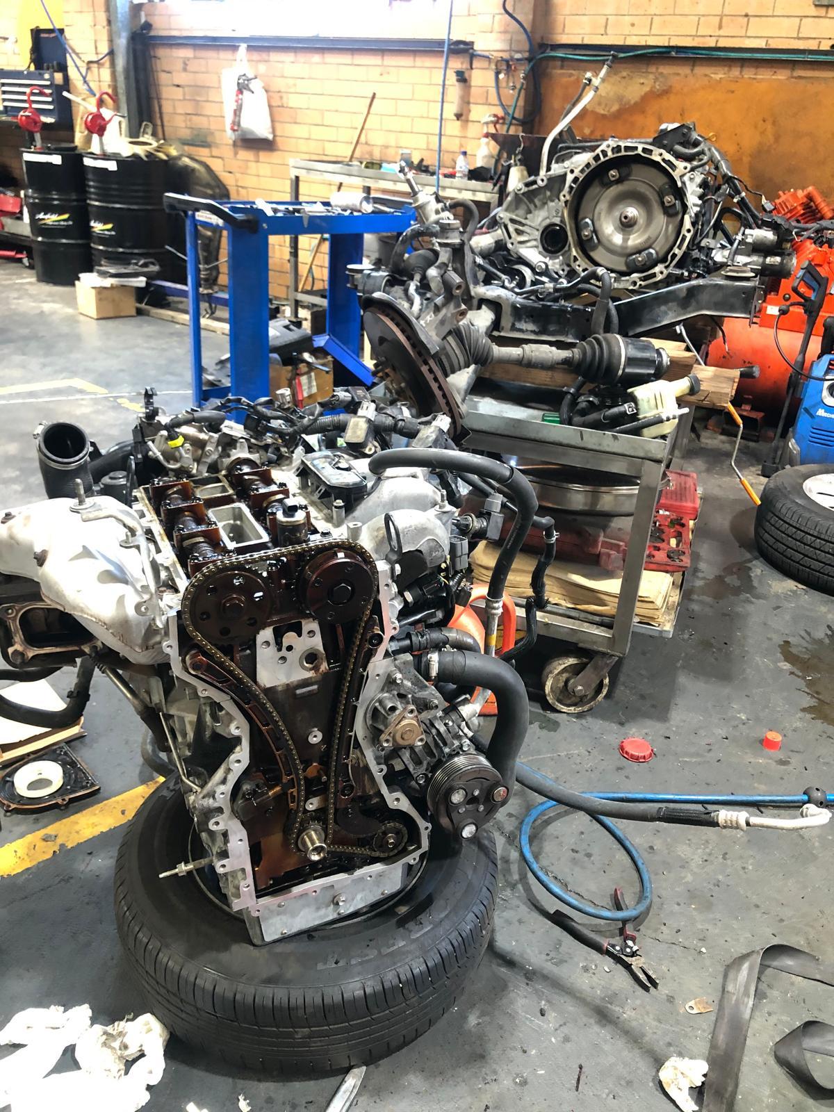Engine timing chain job on the workshop floor